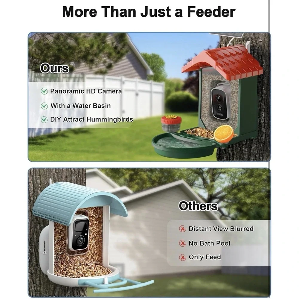 Smart Bird Feeder & Bath 2-in-1 4K Camera Solar AI Identify Outdoor Birdwatching